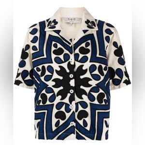 Sea New York Cream Blue and Black Short-Sleeve Button-Down Shirt